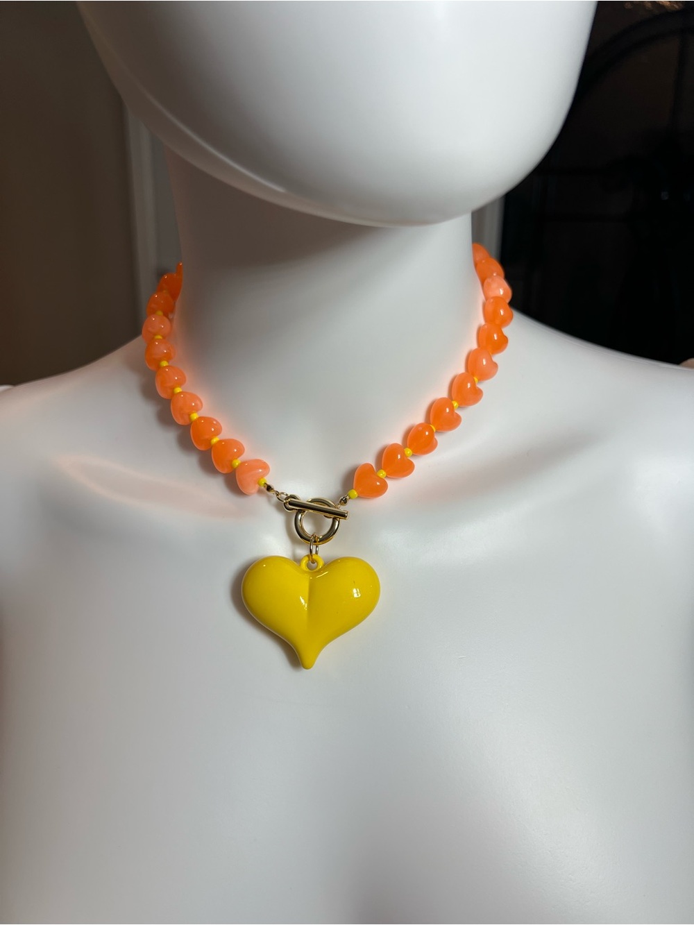 Heart Pendant Beaded Necklace - Yellow & Orange